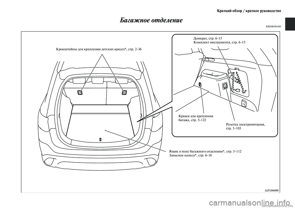 MITSUBISHI OUTLANDER 2019  Руководство по эксплуатации и техобслуживанию (in Russian) Краткий обзор / краткое руководство
Багажное отделение
E08500301493
Домкрат, стр. 615
Комплект инструмента, стр. 615
К