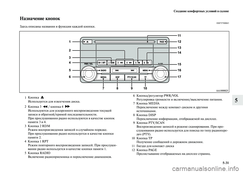 MITSUBISHI OUTLANDER 2020  Руководство по эксплуатации и техобслуживанию (in Russian) Создание комфортных условий в салоне
531
5
Назначение кнопокE00737500043Здесь описаны названия и функции каждой кн