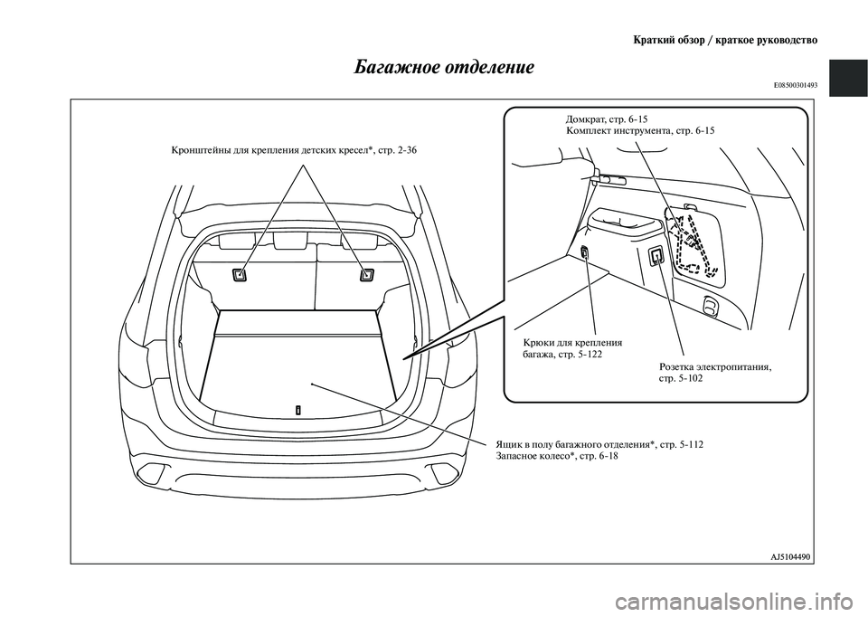 MITSUBISHI OUTLANDER 2020  Руководство по эксплуатации и техобслуживанию (in Russian) Краткий обзор / краткое руководство
Багажное отделение
E08500301493
Домкрат, стр. 615
Комплект инструмента, стр. 615
К