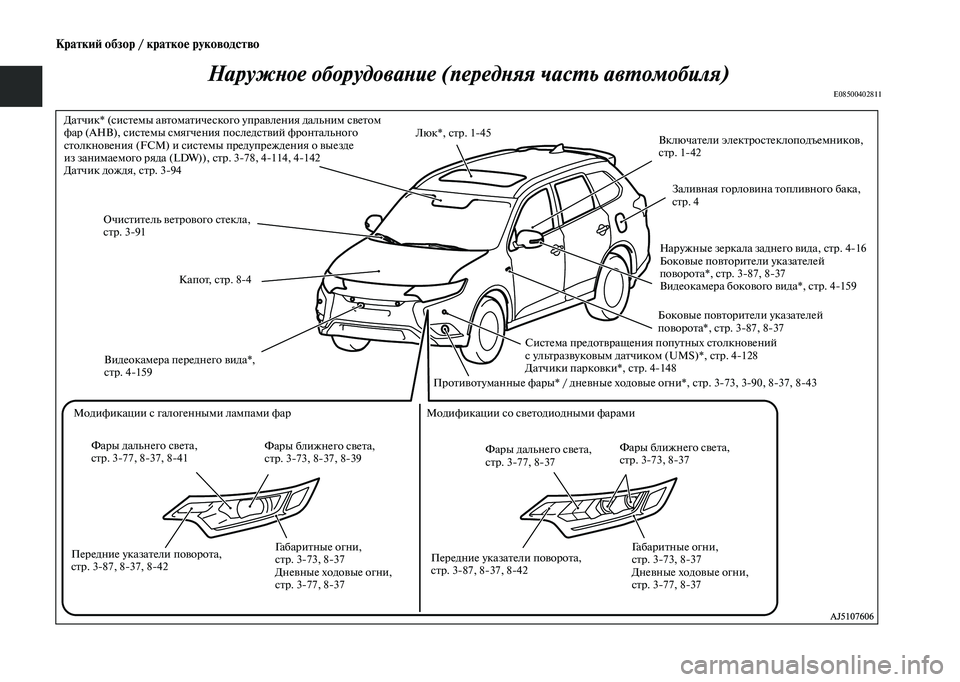 MITSUBISHI OUTLANDER 2020  Руководство по эксплуатации и техобслуживанию (in Russian) Краткий обзор / краткое руководство
Наружное оборудование (передняя часть автомобиля)
E08500402811
Датчик* (систем