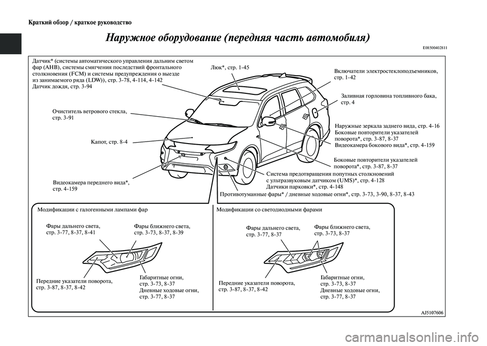 MITSUBISHI OUTLANDER 2020  Руководство по эксплуатации и техобслуживанию (in Russian) Краткий обзор / краткое руководство
Наружное оборудование (передняя часть автомобиля)
E08500402811
Датчик* (систем�