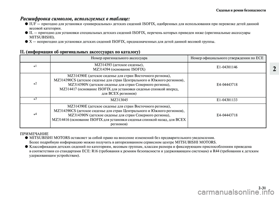 MITSUBISHI ASX 2014  Руководство по эксплуатации и техобслуживанию (in Russian) Сиденья и ремни безопасности
2/31
2
Расшифровка символов, используемых в таблице:●IUF — пригодно для установки �