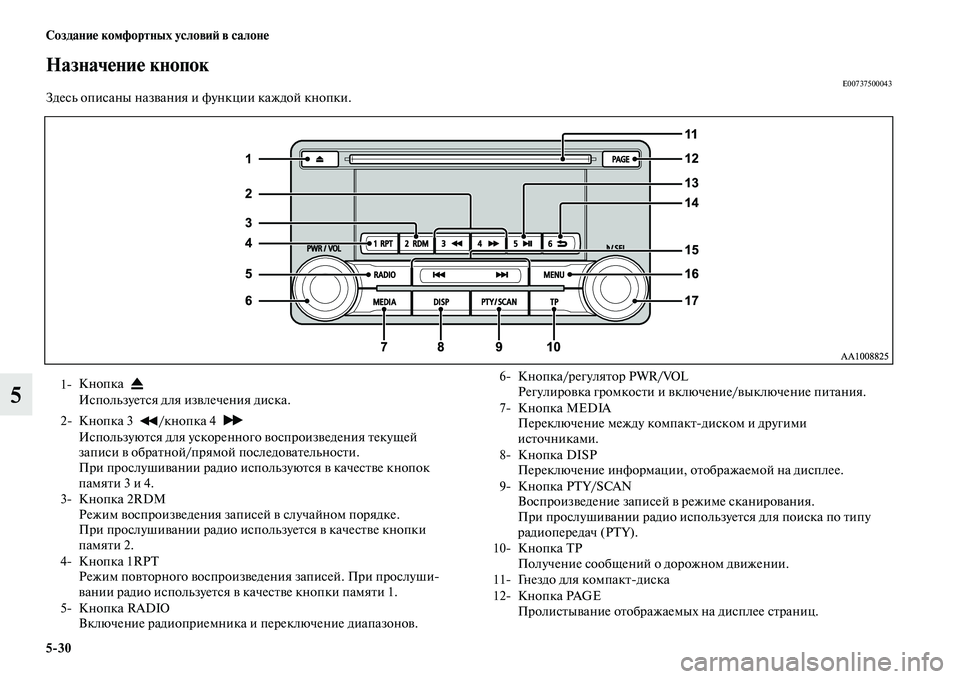 MITSUBISHI ASX 2014  Руководство по эксплуатации и техобслуживанию (in Russian) 5/30 Создание комфортных условий в салоне
5
Назначение кнопокE00737500043Здесь описаны названия и функции каждой кн