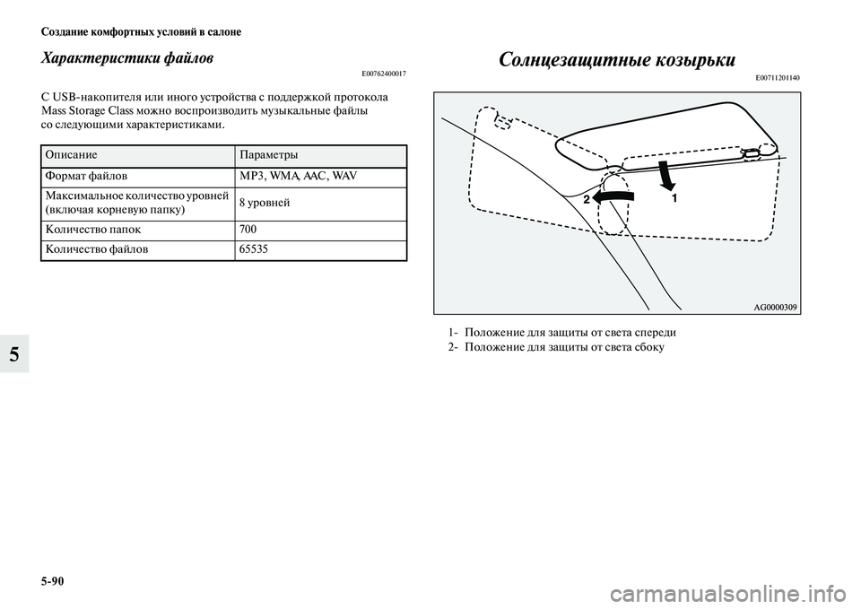 MITSUBISHI ASX 2014  Руководство по эксплуатации и техобслуживанию (in Russian) 5/90 Создание комфортных условий в салоне
5
Характеристики файловE00762400017
С USBнакопителя или иного устройства с 