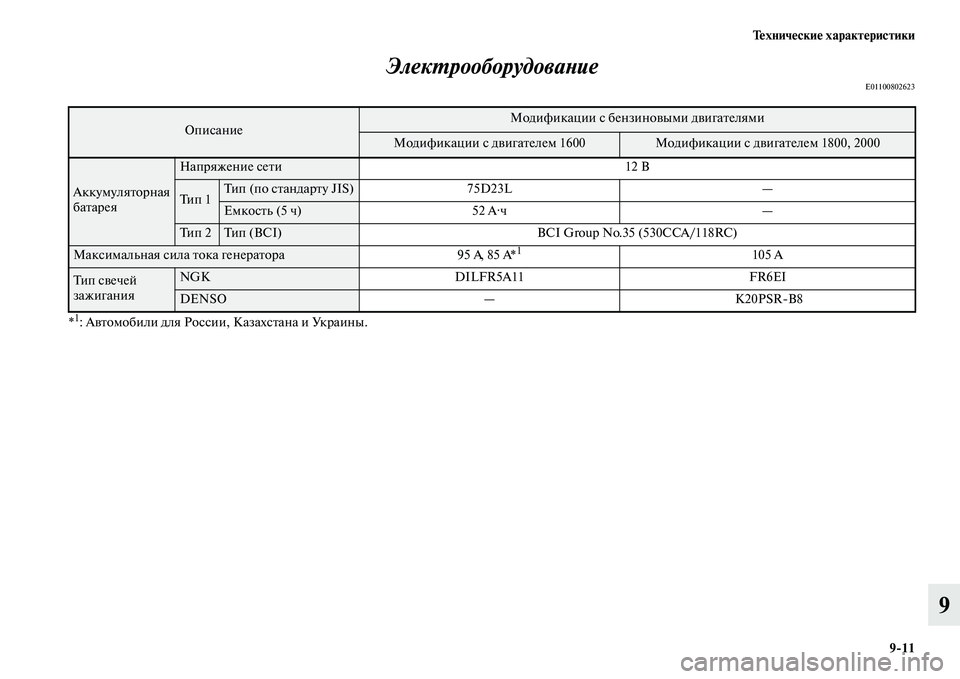 MITSUBISHI ASX 2014  Руководство по эксплуатации и техобслуживанию (in Russian) Технические характеристики
9/11
9 Электрооборудование
E01100802623
*1: Автомобили для России, Казахстана и Украины.
О�