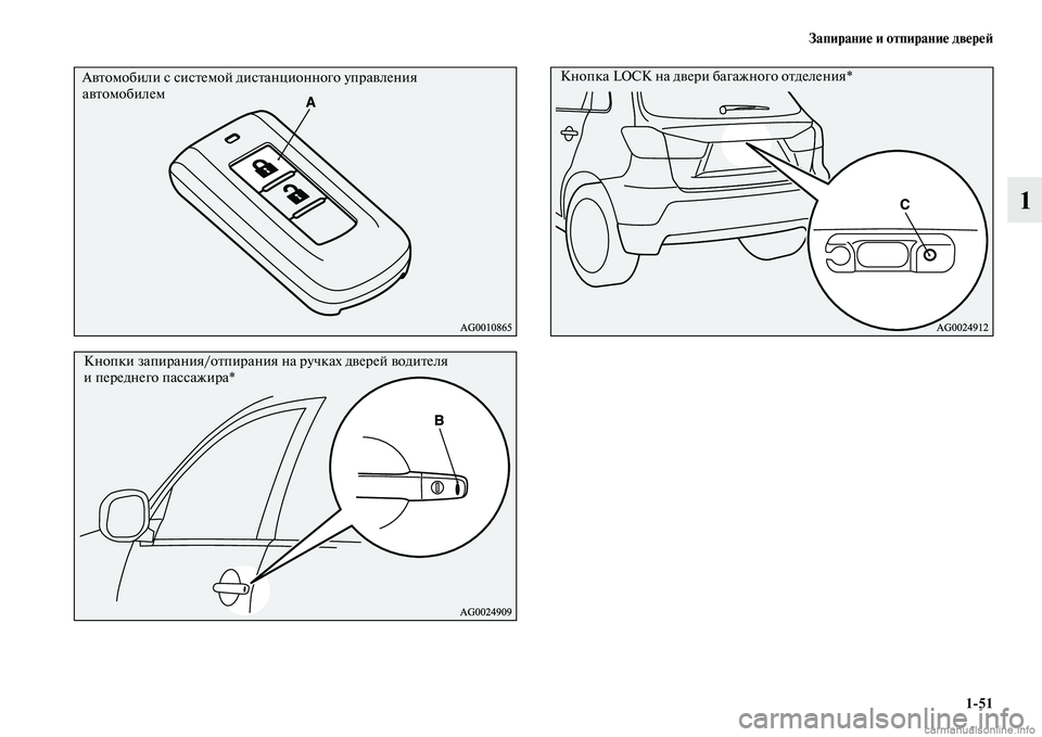 MITSUBISHI ASX 2015  Руководство по эксплуатации и техобслуживанию (in Russian) Запирание и отпирание двереФШ1/51
1
Автомобили Nb NbиNbтемой диNbтанционного управления 
автомобилем
Кнопки запир