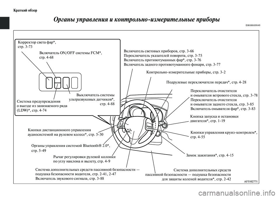 MITSUBISHI ASX 2018  Руководство по эксплуатации и техобслуживанию (in Russian) Краткий обзор
Органы управления и контрольноизмерительные приборы
E00100109149
Корректор света фар*, 
стр. 373
Сист