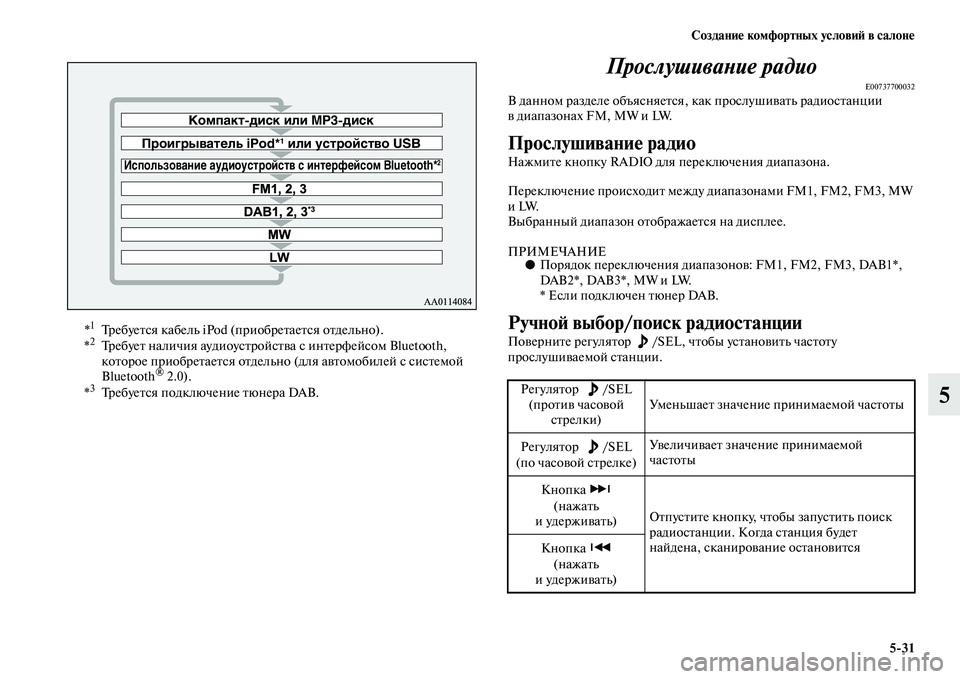 MITSUBISHI ASX 2018  Руководство по эксплуатации и техобслуживанию (in Russian) Создание комфортных условий в салоне
5>31
5 Прослушивание радио
E00737700032В данном разделе объясняется, как прослу