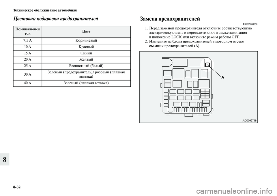 MITSUBISHI ASX 2018  Руководство по эксплуатации и техобслуживанию (in Russian) 8>32 Техническое обслуживание автомобиля
8
Цветовая кодировка предохранителейЗамена предохранителейE010078006301. 