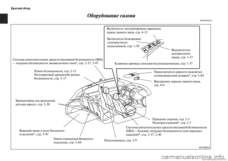 MITSUBISHI ASX 2019  Руководство по эксплуатации и техобслуживанию (in Russian) Краткий обзор
Оборудование салона
E00100206745
Ремни безопасности, стр. 213
Регулируемый кронштейн ремня 
безопасн�