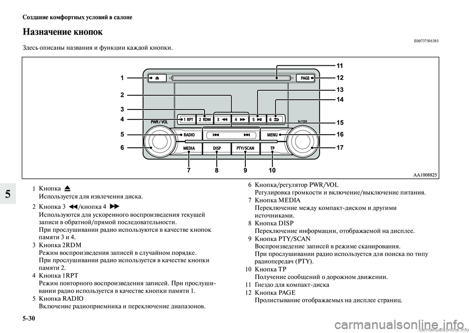 MITSUBISHI ASX 2019  Руководство по эксплуатации и техобслуживанию (in Russian) 5>30 Создание комфортных условий в салоне
5
Назначение кнопокE00737501385Здесь описаны названия и функции каждой кн�