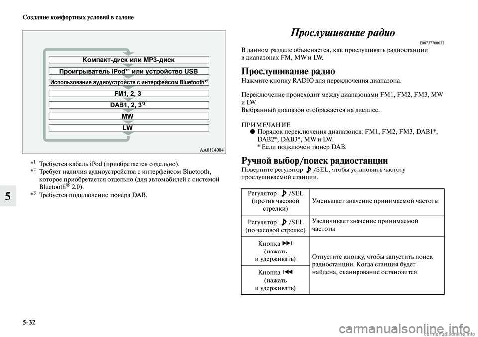 MITSUBISHI ASX 2019  Руководство по эксплуатации и техобслуживанию (in Russian) 5>32 Создание комфортных условий в салоне
5Прослушивание радио
E00737700032В данном разделе объясняется, как прослу�