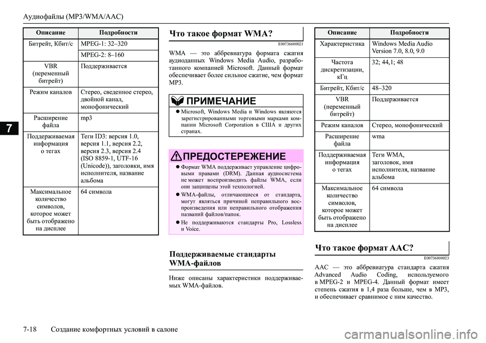 MITSUBISHI ASX 2020  Руководство по эксплуатации и техобслуживанию (in Russian) Аудиофайлы (MP3/WMA/AAC)
7-18 Создание комфортных условий в салоне
7
E00736600021
WMA  —  это  аббревиатура  формата  сжатия
а�