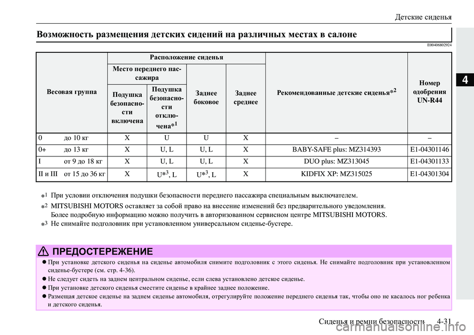 MITSUBISHI ECLIPSE CROSS 2018  Руководство по эксплуатации и техобслуживанию (in Russian) Детские сиденья
Сиденья  и  ремни  безопасности 4-31
4
E00406802924
Возможность размещения детских  сидений на различ