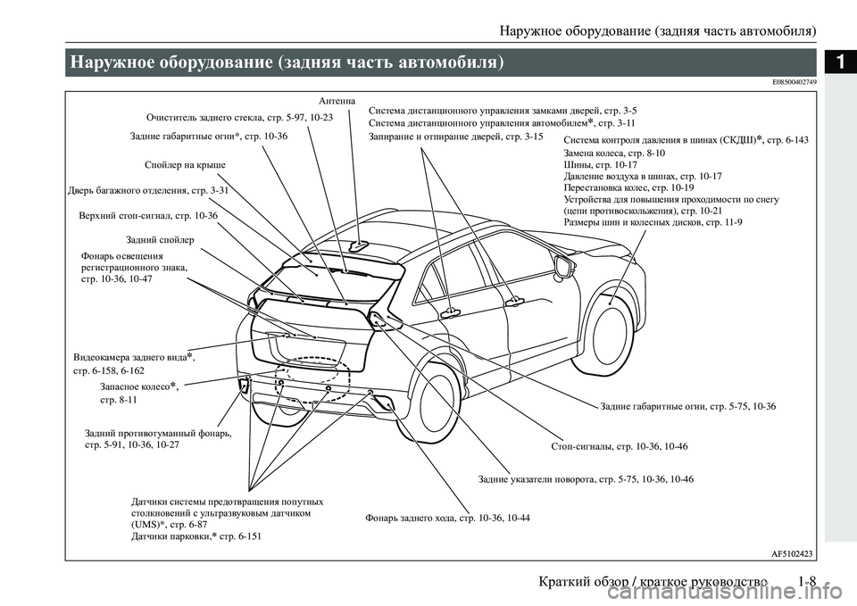 MITSUBISHI ECLIPSE CROSS 2018  Руководство по эксплуатации и техобслуживанию (in Russian) Наружное оборудование  (задняя  часть  автомобиля )
Краткий  обзор  / краткое  руководство 1-8
1
E08500402749
Наружное о