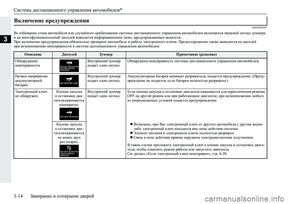 MITSUBISHI ECLIPSE CROSS 2019  Руководство по эксплуатации и техобслуживанию (in Russian) Система дистанционного управления автомобилем*
3-14Запирание и отпирание дверей
3
E00305902187
Во избежание угона а�