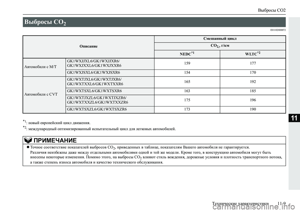 MITSUBISHI ECLIPSE CROSS 2019  Руководство по эксплуатации и техобслуживанию (in Russian) Выбросы CO2
Технические характеристики11-9
11
E01102800072
*1: новый европейский цикл движения.*2: международный оптимиз