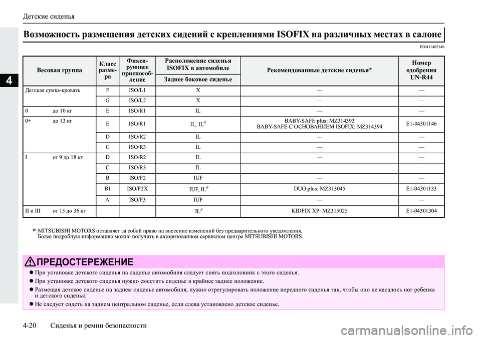 MITSUBISHI ECLIPSE CROSS 2019 Руководство по эксплуатации и техобслуживанию (in Russian) Детские сиденья
4-20Сиденья и ремни безопасности
4
E00411402146
Возможность размещения детских сидений с креплениям MITSUBISHI ECLIPSE CROSS 2019 Руководство по эксплуатации и техобслуживанию (in Russian) Детские сиденья
4-20Сиденья и ремни безопасности
4
E00411402146
Возможность размещения детских сидений с креплениям