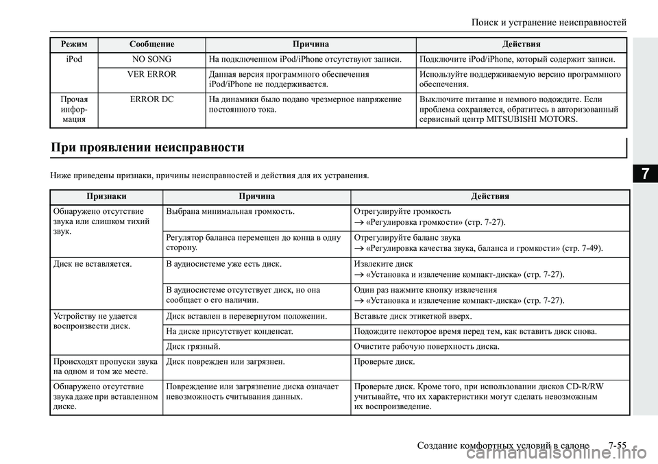 MITSUBISHI ECLIPSE CROSS 2020 Руководство по эксплуатации и техобслуживанию (in Russian) Поиск и устранение неисправностей
Создание комфортных условий в салоне 7-55
7Ниже приведены признаки, причины MITSUBISHI ECLIPSE CROSS 2020 Руководство по эксплуатации и техобслуживанию (in Russian) Поиск и устранение неисправностей
Создание комфортных условий в салоне 7-55
7Ниже приведены признаки, причины