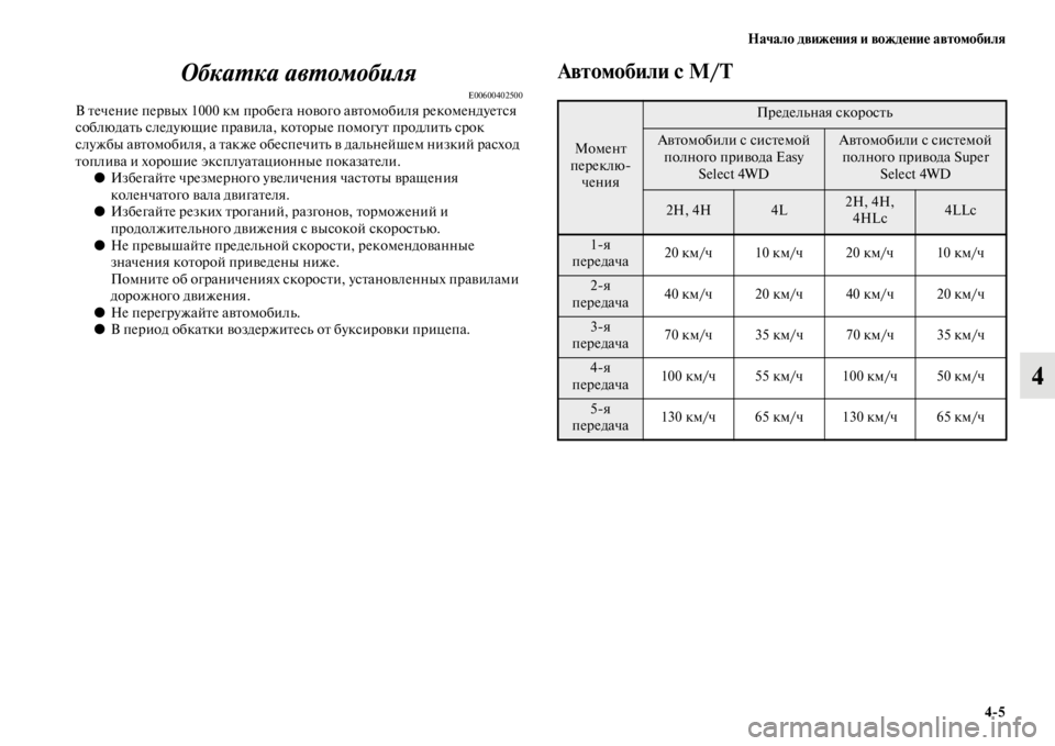 MITSUBISHI L200 2014  Руководство по эксплуатации и техобслуживанию (in Russian) Начало движения и вождение автомобиля4/5
4
ОбкаYfка авYfомобиля
E00600402500В течение первых 1000 кLЬ пробега 
нового ав