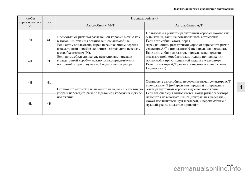 MITSUBISHI L200 2014  Руководство по эксплуатации и техобслуживанию (in Russian) Начало движения и вождение автомобиля4/37
4
Чтобы 
переключитLbся  с наПорядок действий
АвтоLЬобили с M/TАвтоLЬоб