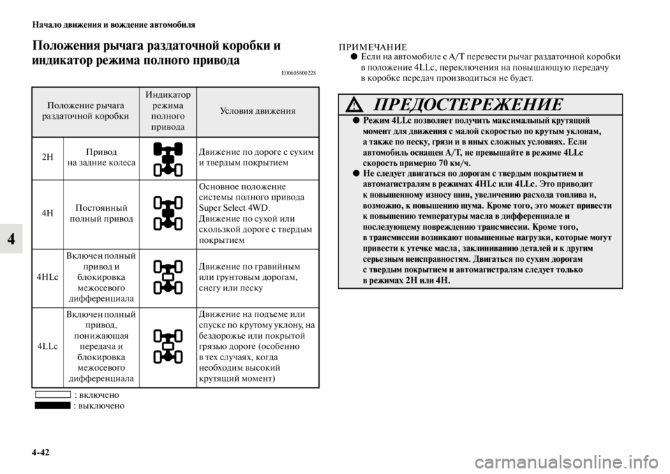 MITSUBISHI L200 2014  Руководство по эксплуатации и техобслуживанию (in Russian) 4/42 Начало движения и вождение автомобиля
4
Положения рычага раздаточноЬb коробки и 
индикатор режима полного 