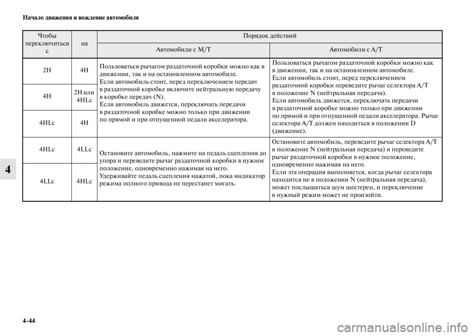 MITSUBISHI L200 2014  Руководство по эксплуатации и техобслуживанию (in Russian) 4/44 Начало движения и вождение автомобиля
4
Чтобы 
переключитLbся  с наПорядок действий
АвтоLЬобили с M/TАвтоLЬоб