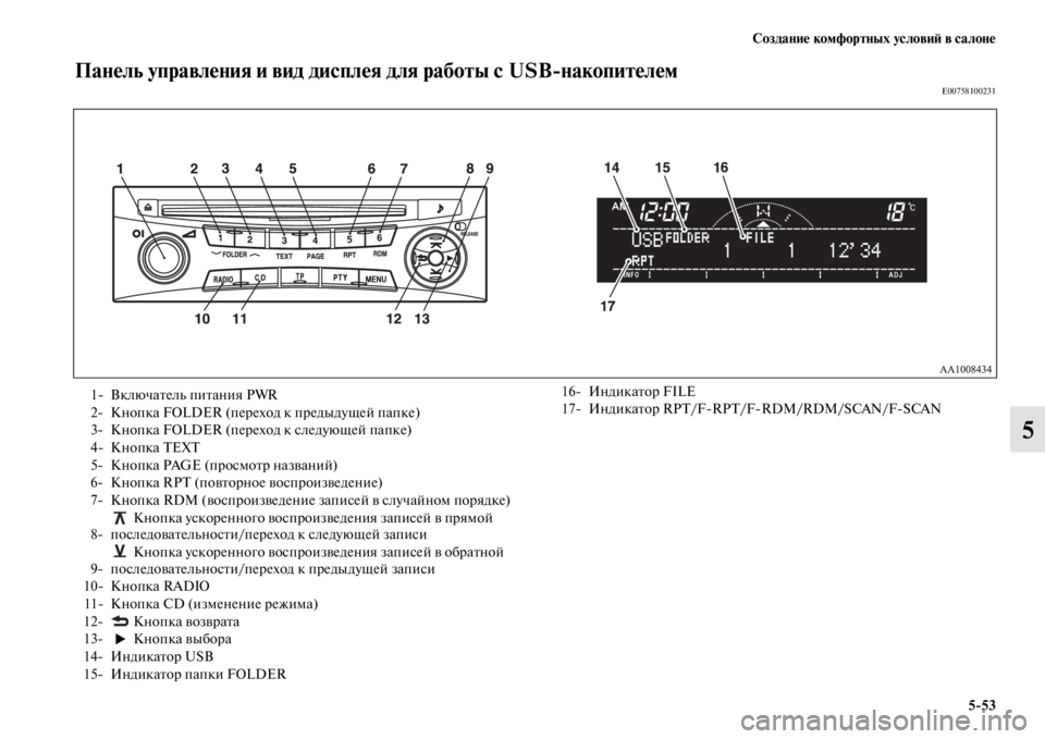 MITSUBISHI L200 2014  Руководство по эксплуатации и техобслуживанию (in Russian) Создание комфортных условиЬb в салоне5/53
5
Панель управления и вид дисплея для работы с  USB/накопителемE00758100231
1	