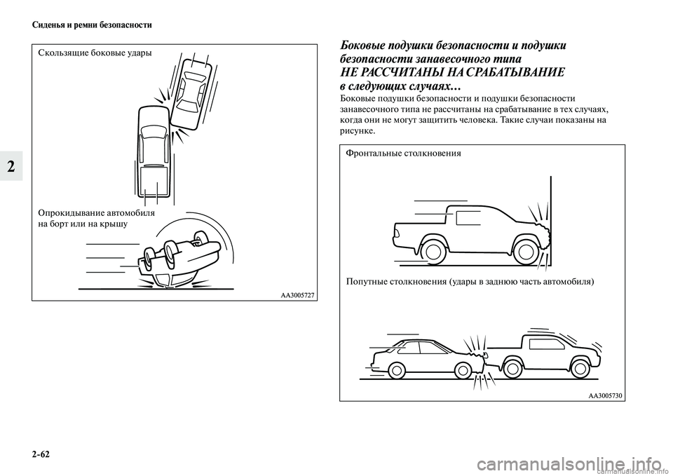 MITSUBISHI L200 2015  Руководство по эксплуатации и техобслуживанию (in Russian) 262 Сиденья и ремни безопасности
2
Боковые подушки безопасности и подушки 
безопасности занавесочного типа 
Н