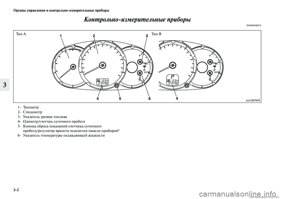 MITSUBISHI L200 2015  Руководство по эксплуатации и техобслуживанию (in Russian) 32 Органы управления и контрольноизмерительные приборы
3Контрольноизмерительные приборы
E00500100876
Ти п  АТи п 