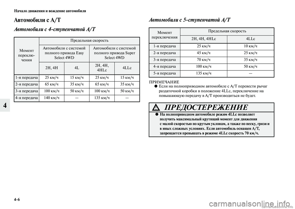 MITSUBISHI L200 2015  Руководство по эксплуатации и техобслуживанию (in Russian) 46 Начало движения и вождение автомобиля
4
Автомобили с A/T
Автомобили с 4%ступенчатой A/TАвтомобили с 5%ступенча