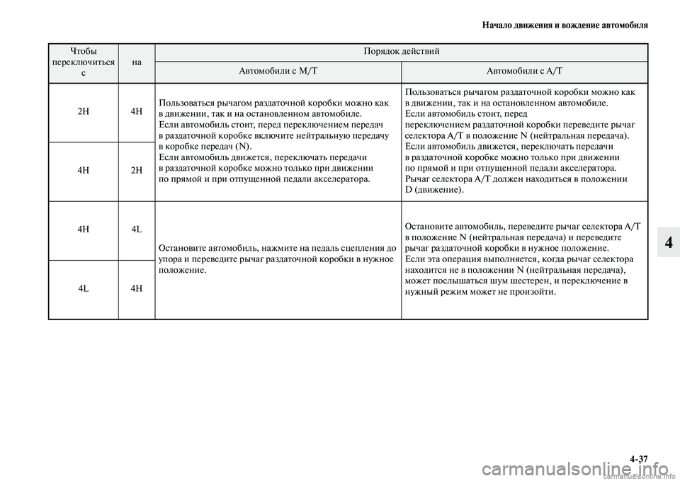 MITSUBISHI L200 2015  Руководство по эксплуатации и техобслуживанию (in Russian) Начало движения и вождение автомобиля
437
4
Чтобы 
переключиться 
с наПорядок действий
Автомобили с M/TАвтомоби