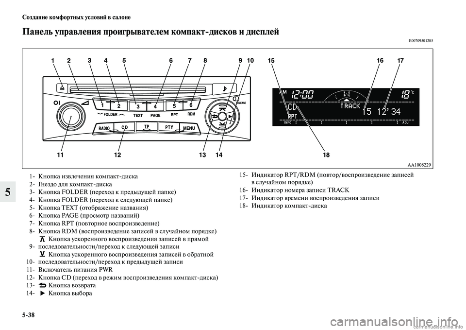 MITSUBISHI L200 2015  Руководство по эксплуатации и техобслуживанию (in Russian) 538 Создание комфортных условий в салоне
5
Панель управления проигрывателем компактдисков и дисплейE00709501205
1 