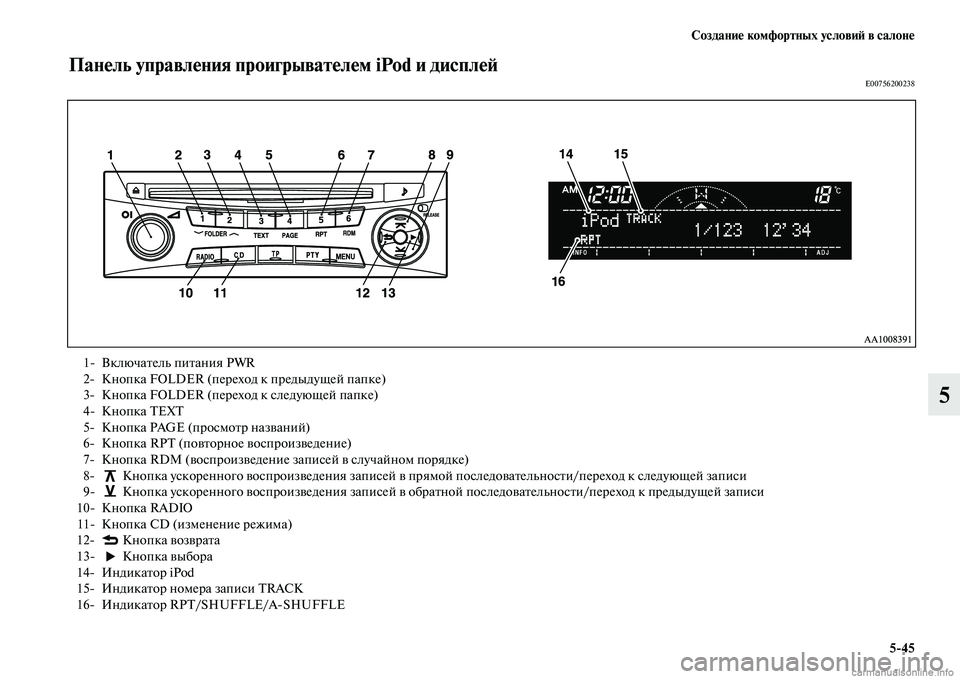 MITSUBISHI L200 2015  Руководство по эксплуатации и техобслуживанию (in Russian) Создание комфортных условий в салоне
545
5
Панель управления проигрывателем iPod и дисплейE00756200238
1 Включатель п
