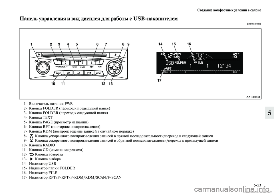 MITSUBISHI L200 2015  Руководство по эксплуатации и техобслуживанию (in Russian) Создание комфортных условий в салоне
553
5
Панель управления и вид дисплея для работы с USBнакопителемE00758100231
1 