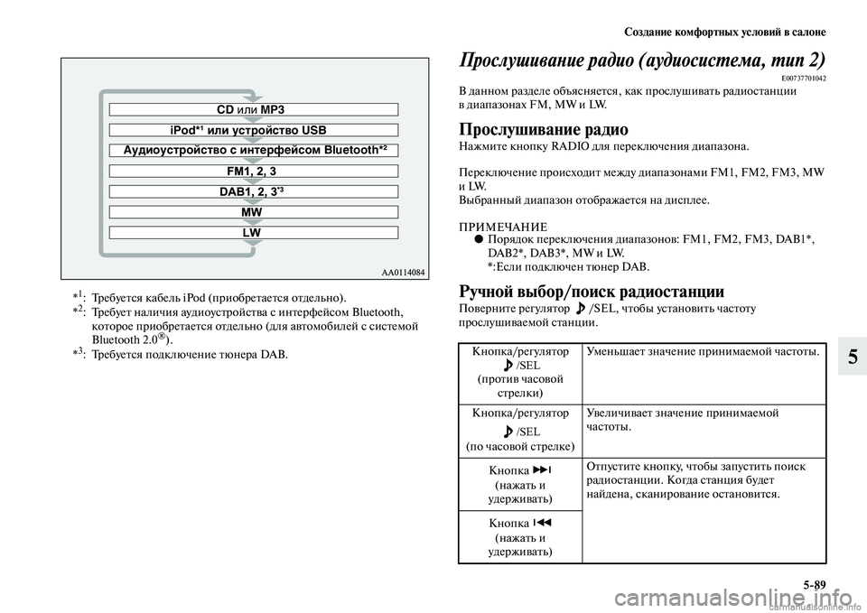 MITSUBISHI L200 2015  Руководство по эксплуатации и техобслуживанию (in Russian) Создание комфортных условий в салоне
589
5
Прослушивание радио (аудиосистема, тип 2)
E00737701042В данном разделе объ