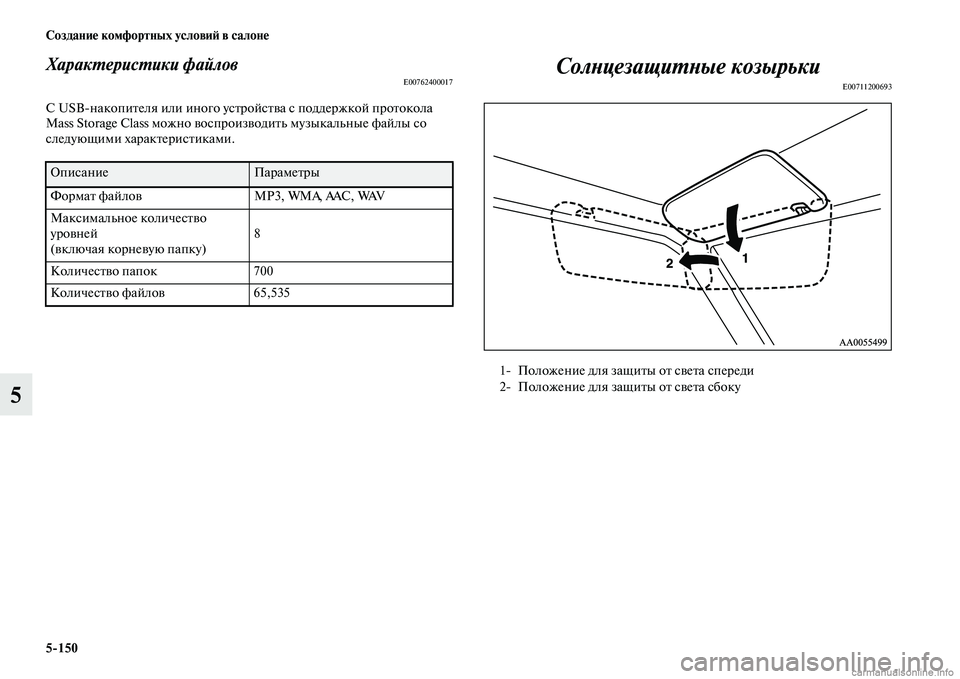 MITSUBISHI L200 2015  Руководство по эксплуатации и техобслуживанию (in Russian) 5150 Создание комфортных условий в салоне
5
Характеристики файловE00762400017
С USBнакопителя или иного устройства с