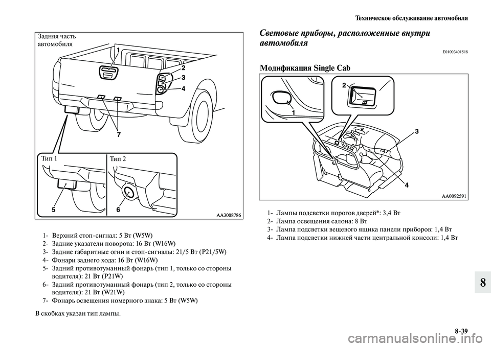 MITSUBISHI L200 2015  Руководство по эксплуатации и техобслуживанию (in Russian) Техническое обслуживание автомобиля
839
8
В скобках указан тип лампы.
Световые приборы, расположенные внутри 
