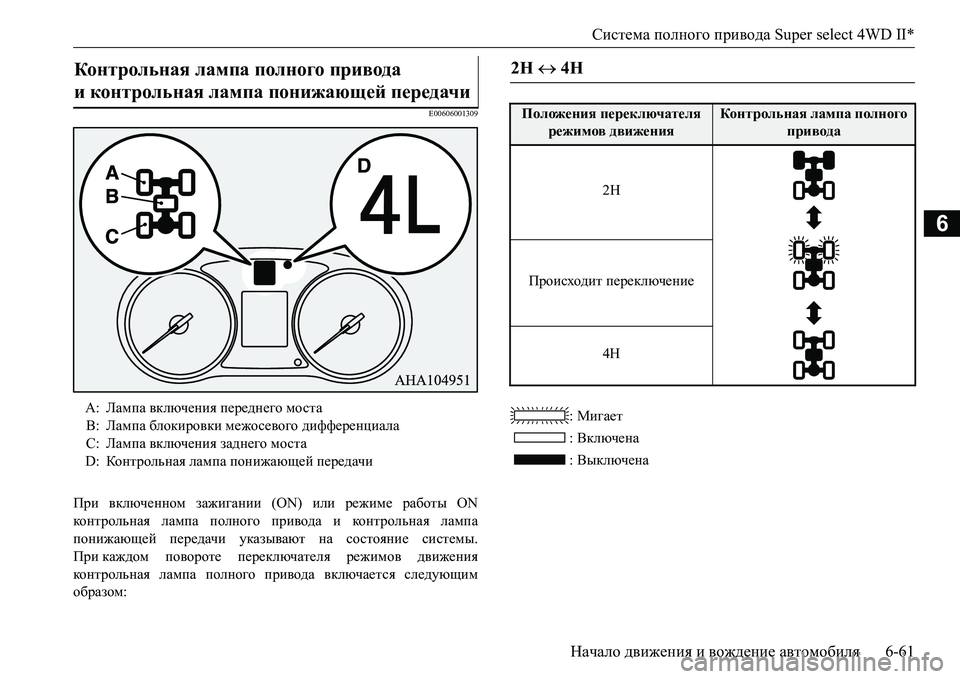 MITSUBISHI L200 2016  Руководство по эксплуатации и техобслуживанию (in Russian) Система полного привода Super select 4WD II*
Начало движения и вождение автомобиля6-61
6
E00606001309
При включенном зажигани