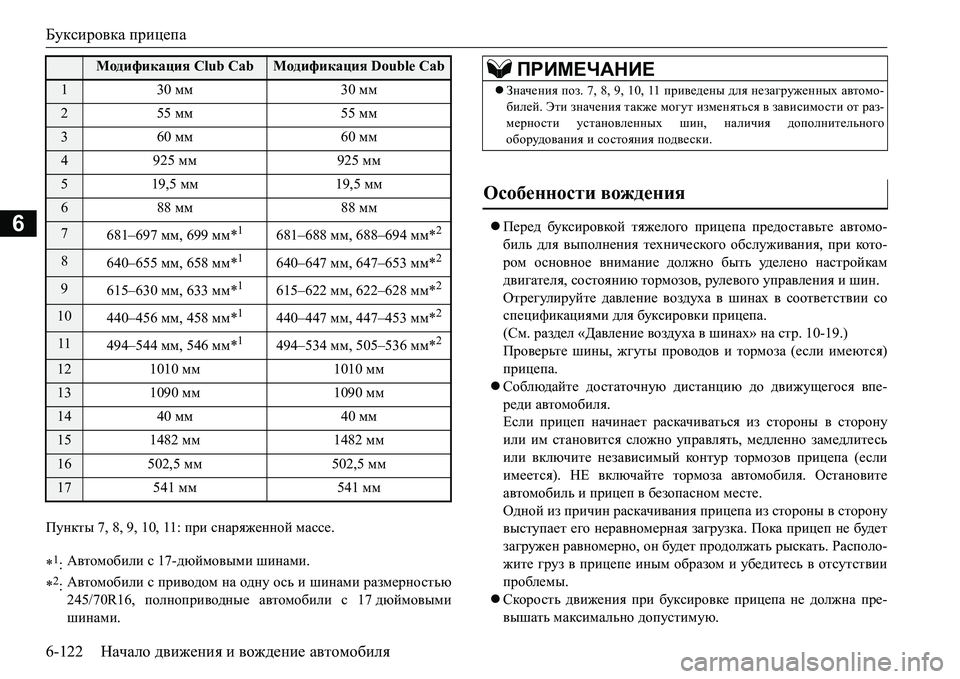 MITSUBISHI L200 2016  Руководство по эксплуатации и техобслуживанию (in Russian) Буксировка прицепа
6-122Начало движения и вождение автомобиля
6
Imgdlu 7, 8, 9, 10, 11: при снаряженной массе.Перед 