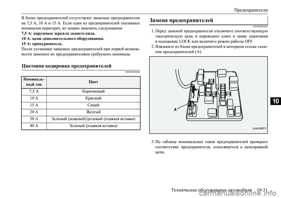 MITSUBISHI L200 2016  Руководство по эксплуатации и техобслуживанию (in Russian) Предохранители
Техническое обслуживание автомобиля10-31
10
В блоке предохранителей отсутствуют запасные пред�