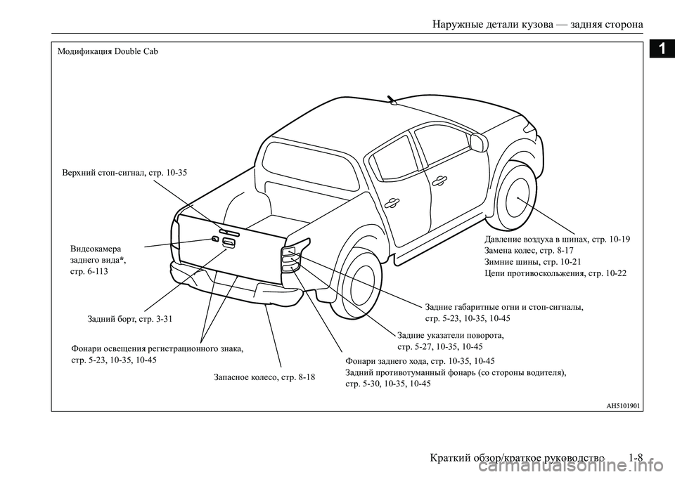 MITSUBISHI L200 2016  Руководство по эксплуатации и техобслуживанию (in Russian) Наружные детали кузова — задняя сторона
Краткий обзор/краткое руководство1-8
1
Верхний стоп-сигнал, стр. 10-35
Ви