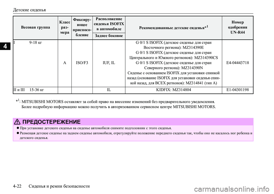 MITSUBISHI L200 2016  Руководство по эксплуатации и техобслуживанию (in Russian) Детские сиденья
4-22Сиденья и ремни безопасности
4
I 9-18 кг
AISO/F3 IUF, ILG 0/1 S ISOFIX (детское сиденье для стран 
Восточног MITSUBISHI L200 2016  Руководство по эксплуатации и техобслуживанию (in Russian) Детские сиденья
4-22Сиденья и ремни безопасности
4
I 9-18 кг
AISO/F3 IUF, ILG 0/1 S ISOFIX (детское сиденье для стран 
Восточног