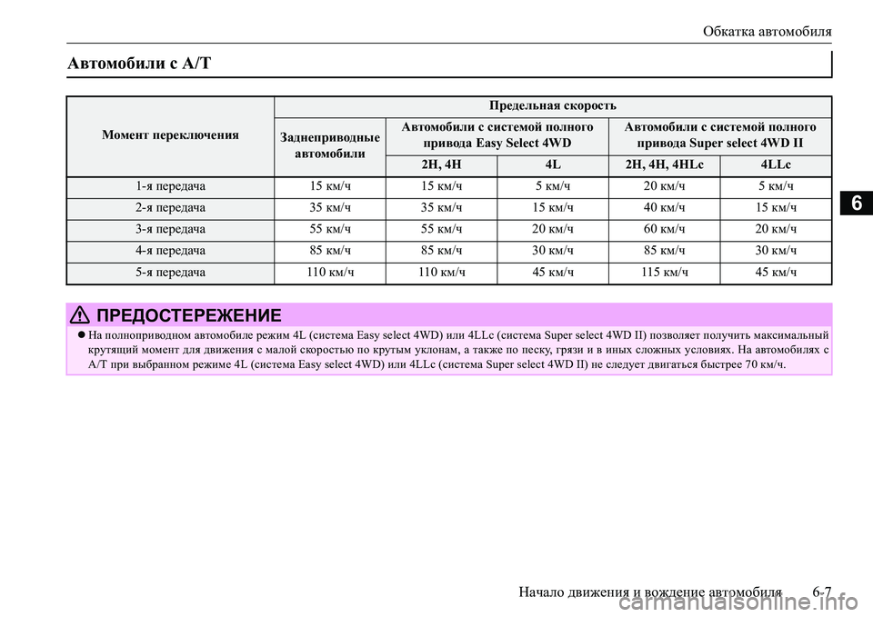 MITSUBISHI L200 2017  Руководство по эксплуатации и техобслуживанию (in Russian) Обкатка автомобиля
Начало движения и вождение автомобиля6-7
6
Автомобили с A/T 
Момент переключения
Предельная 