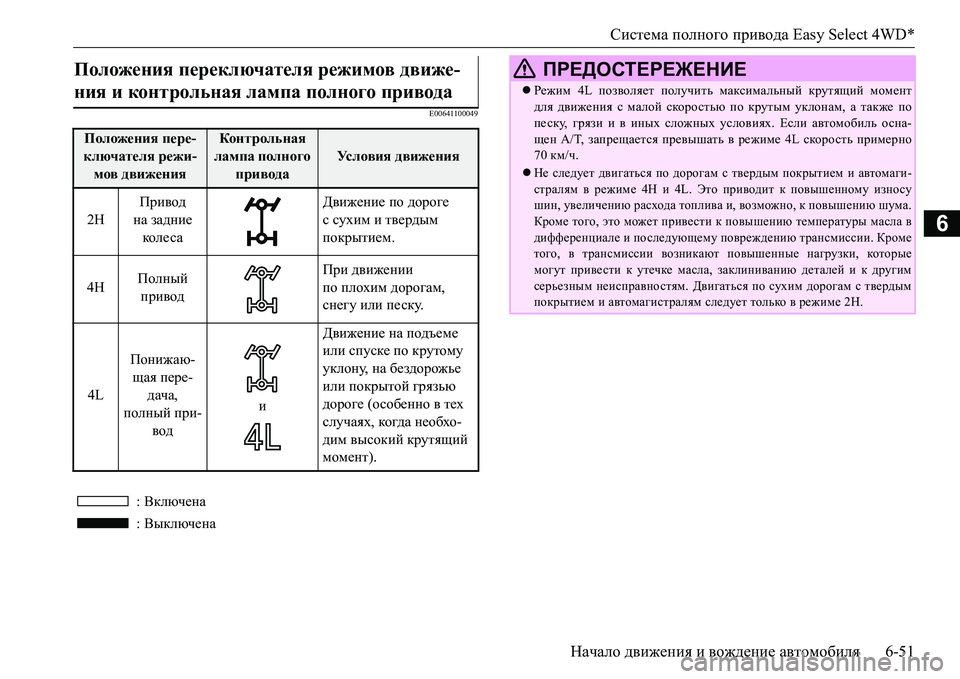 MITSUBISHI L200 2017  Руководство по эксплуатации и техобслуживанию (in Russian) Система полного привода Easy Select 4WD*
Начало движения и вождение автомобиля6-51
6
E00641100049
 : Включена
 : Выключена
Пол