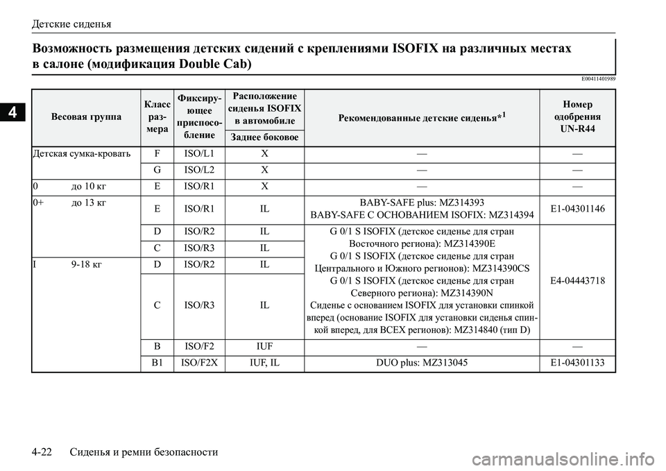 MITSUBISHI L200 2017  Руководство по эксплуатации и техобслуживанию (in Russian) Детские сиденья
4-22Сиденья и ремни безопасности
4
E00411401989
Возможность размещения детских сидений с креплениям