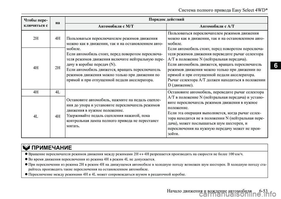 MITSUBISHI L200 2018  Руководство по эксплуатации и техобслуживанию (in Russian) Система полного привода Easy Select 4WD*
Начало движения и вождение автомобиля6-53
6
Чтобы пере-
ключиться с наПорядок