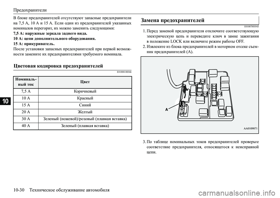 MITSUBISHI L200 2018  Руководство по эксплуатации и техобслуживанию (in Russian) Предохранители
10-30Техническое обслуживание автомобиля
10
< блоке предохранителей отсутствуют запасные пред
