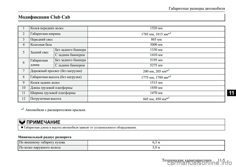 MITSUBISHI L200 2018  Руководство по эксплуатации и техобслуживанию (in Russian) Габаритные размеры автомобиля
Технические характеристики11-5
11
Минимальный радиус разворота
Модификация Club C
