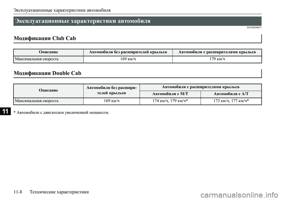 MITSUBISHI L200 2018  Руководство по эксплуатации и техобслуживанию (in Russian) Эксплуатационные характеристики автомобиля
11-8Технические характеристики
11
E01100304071
* Автомобили с двигателе